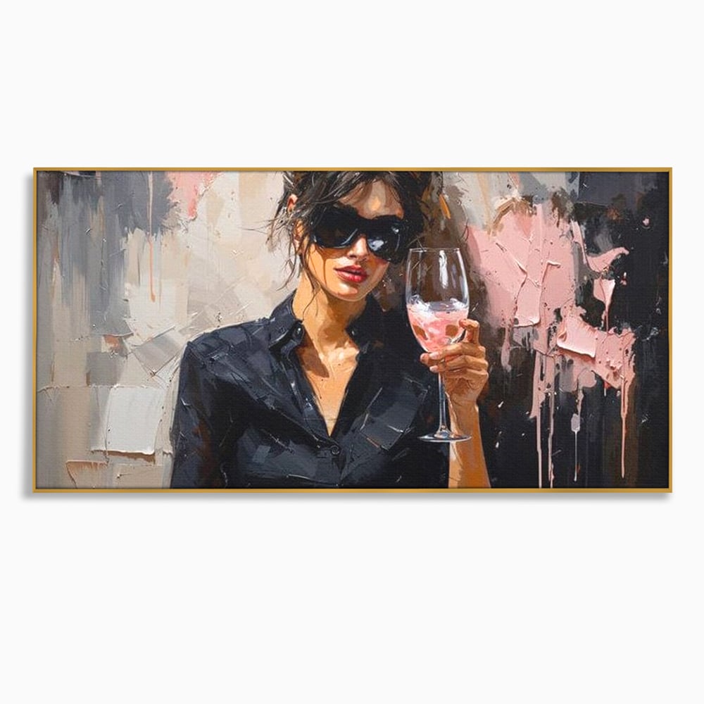 Tablou canvas cu tablou canvas cu femeie si pahar de vin, in rama de aluminiu auriu